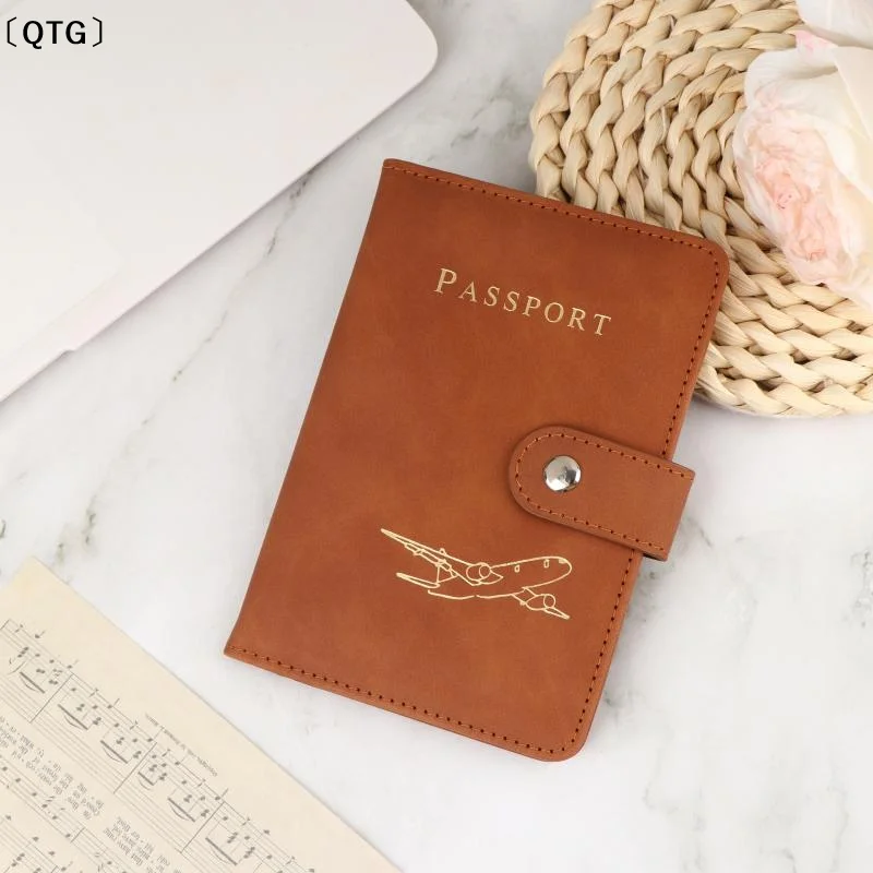 〔QTG〕Airplane Embossed PU Leather Passport Cover Snap Button Multi Card Slot Travel Passport Holder For Business Trip Vacation