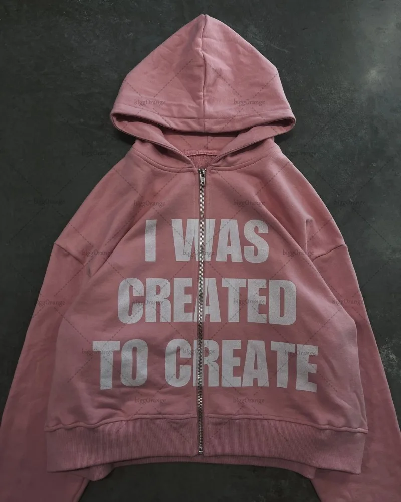 2024 Trendy Street Trend Brand Clothing Hip-hop Punk Style Letter Print Zipper Hoodie Men Pink Casual Retro Oversized Sweatshirt