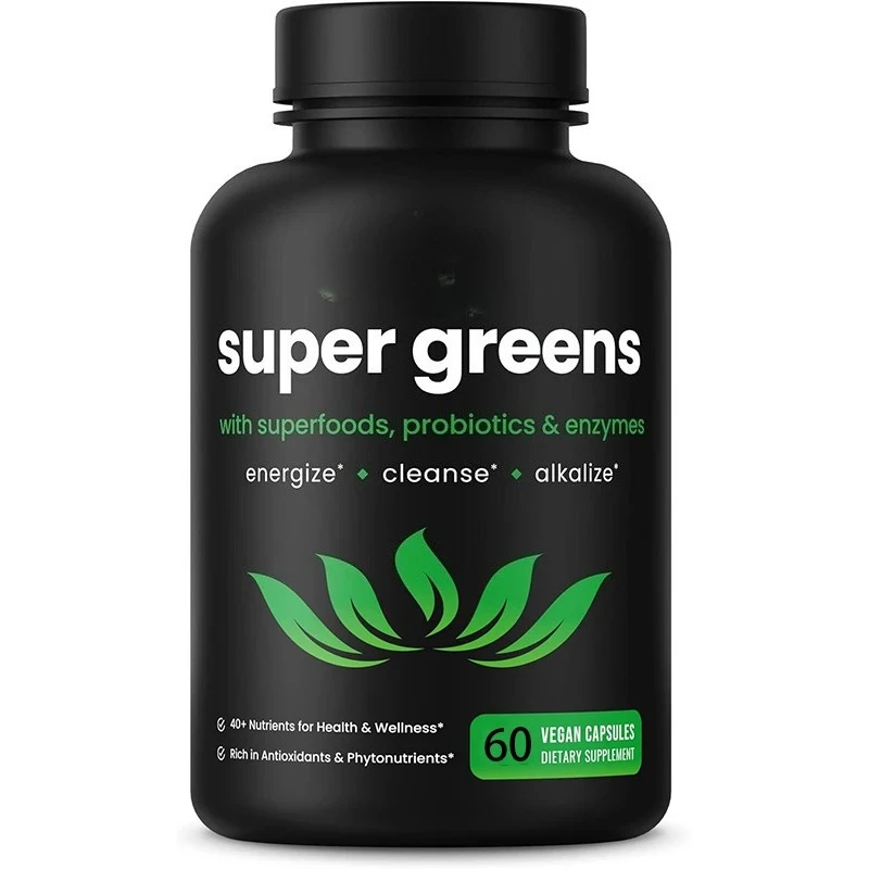Organic super green capsules - alfalfa, spirulina, microalgae, etc. - a mixture of digestive enzymes and probiotics