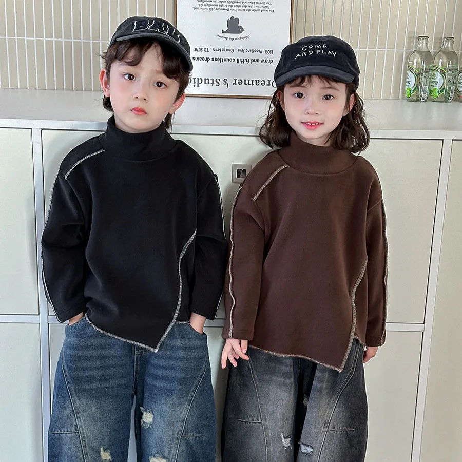 New Winter Kids Turtleneck Base Shirts 1-7Y Unique Style Boys Thick Warm Pullover Korean Loose Childrens Slit Tops Girls Clothes