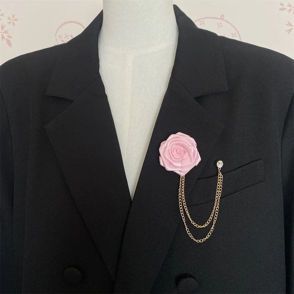 الرجال الزفاف دبابيس القماش الفن اليدوية زهرة الورد بروش التلبيب شارة بدبوس شرابة سلسلة الرجال دعوى اكسسوارات العريس العروة