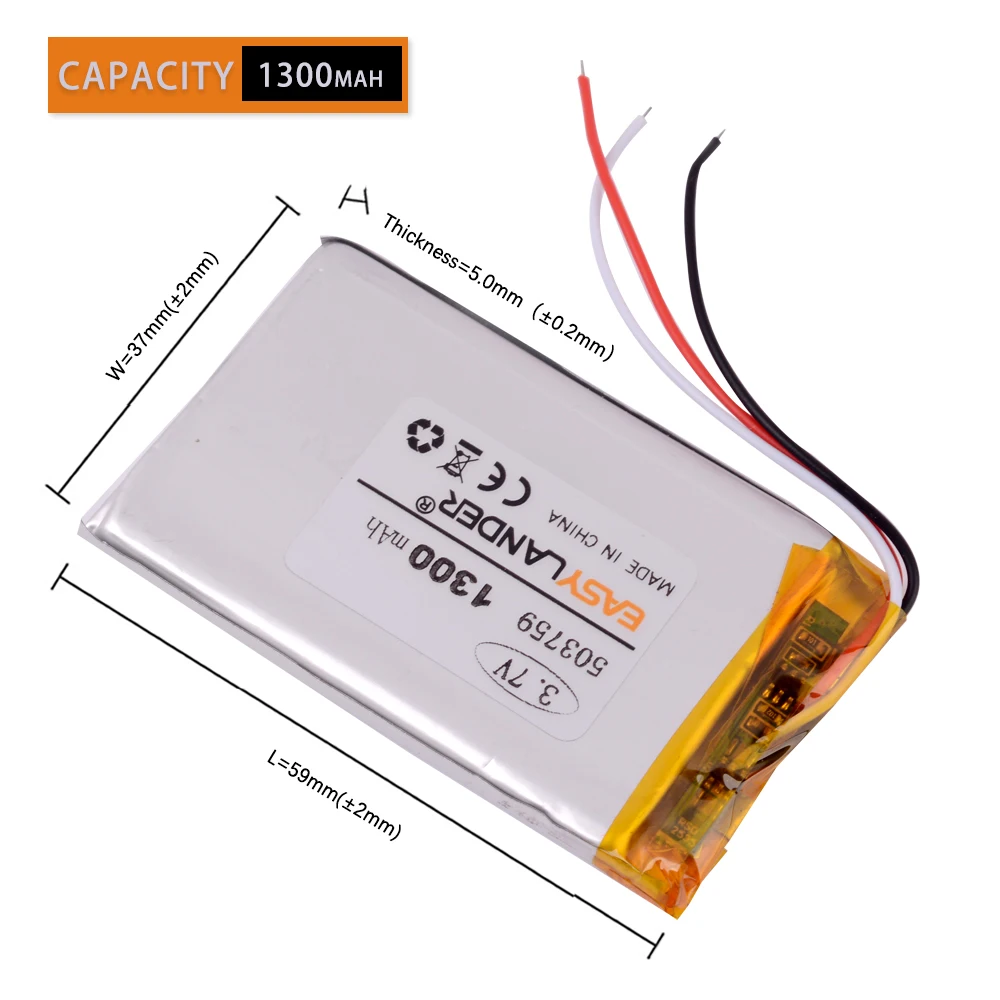 3wires 503759 3.7V 1300mAh Rechargeable li-Polymer Li-ion Battery For e Road route HD-X9 X10 E-V5 navigator NW-ZX1 LIS1530HNPPC