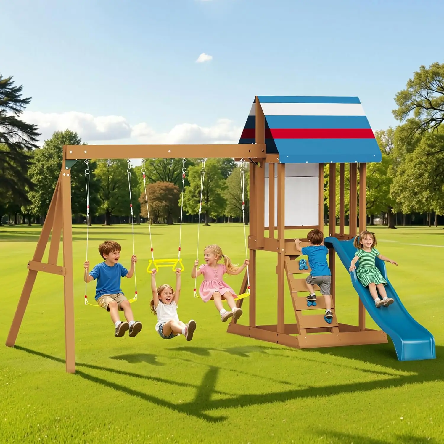 

Большой деревянный игровой комплекс для детей: уличный домик, волновые горки, качели, скалодром, лестница, для детей 3-8 лет, на заказ