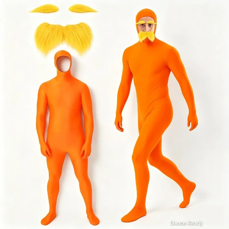 Mens Orange Cartoon Character Costume with Yellow Mustache and Eyebrows, Halloween Theme Party Cosplay