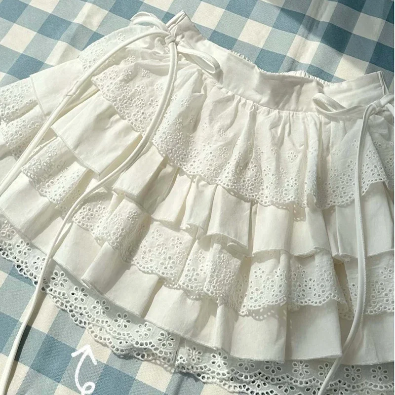 

White Cotton Skirts Women Lace Trim Elastic Waist Floral Embroidery Mini Skirt for Sweet Girls Kawaii Clothes