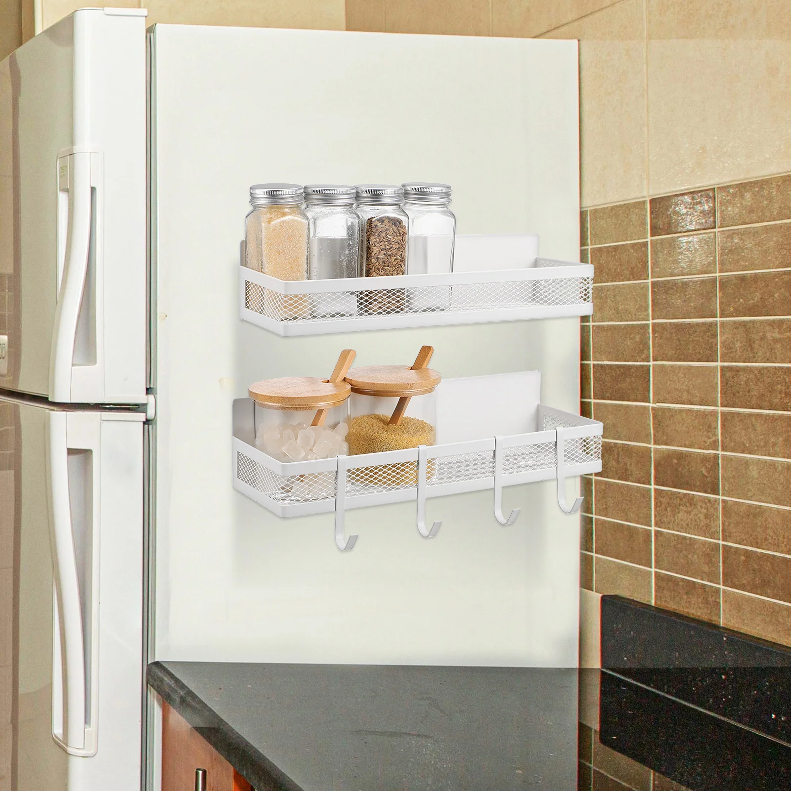 

2 Pcs Bathroom Holder Shelves Refrigerator Fridge Shelf Large Capacity Hooks Selected Kitchen Storage