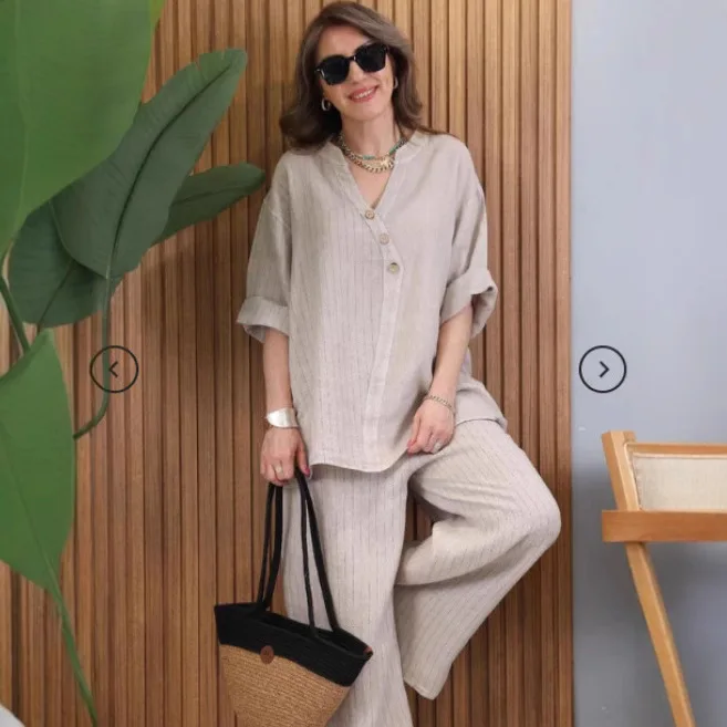 

New Trousers Suit Women's Two-piece V-neck Short-sleeved Suit Casual Loose Simple Top Wide-leg Trousers High Waist Summer