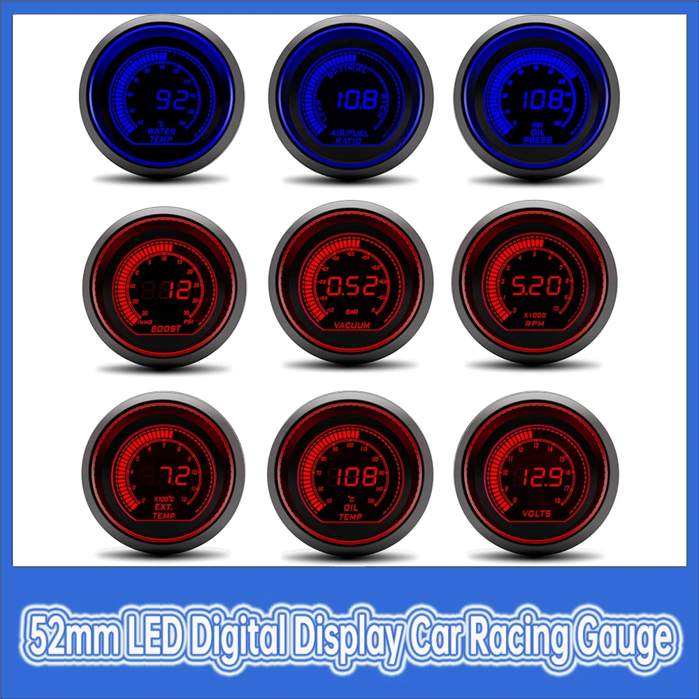

52mm Digital Display Red & Blue Car Racing Meter Turbo Boost Gauge PSI Water /Oil Temp Oil Pressure Gauge Voltmeter Tachometer