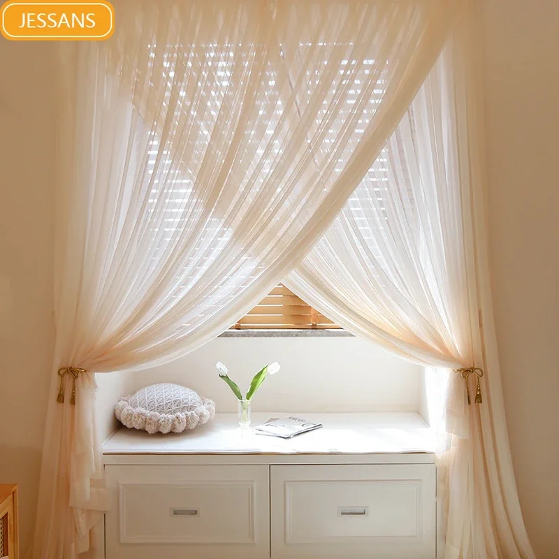 Shutter Milk Beige Chiffon Princess Tulle Window Screen Curtains for Living Room Bedroom Window Balcony Partition Door Screen