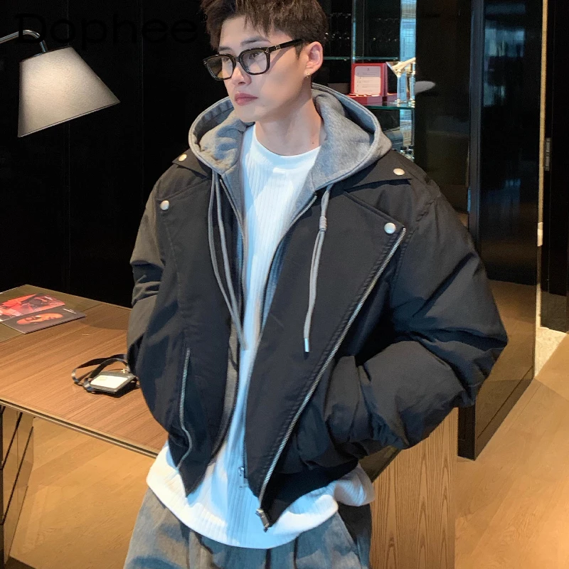 

Men's 2025 Autumn Winter New Warm Zipper Chic Parkas Male Faux Two-Piece Hooded Parkas Handsome Long Sleeve Contrast Color Coats