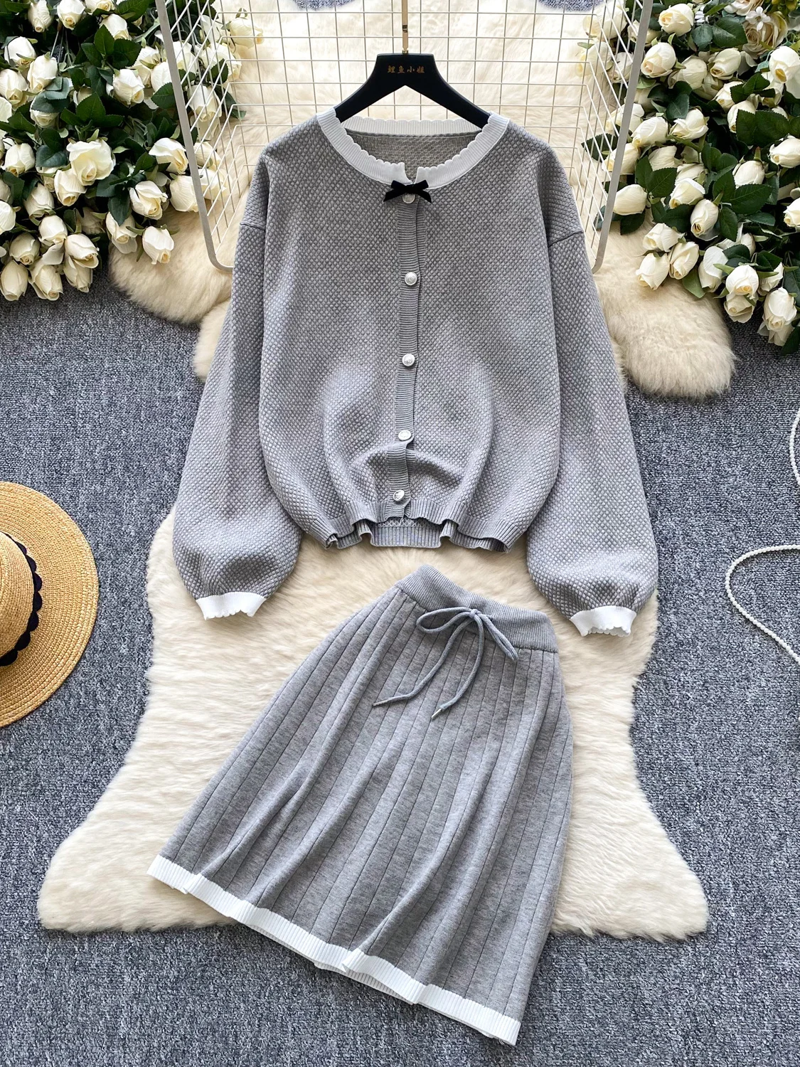 

Ele Knitted Set High Waist Bubble Sve Loose Fit Women's Faion Autumn Outfit ort Skirt Long Sve round Ne Top
