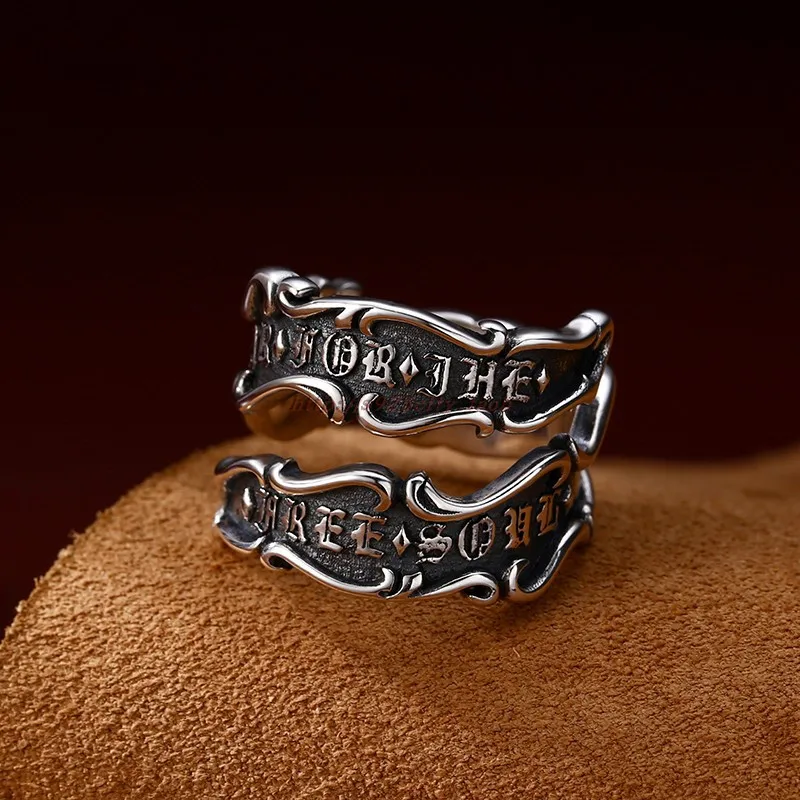 

S925 Sterling Silver Jewelry Men's Personalized Wide Gothic Letter Open Ring Hip Hop Punk Style Food Ring Trend