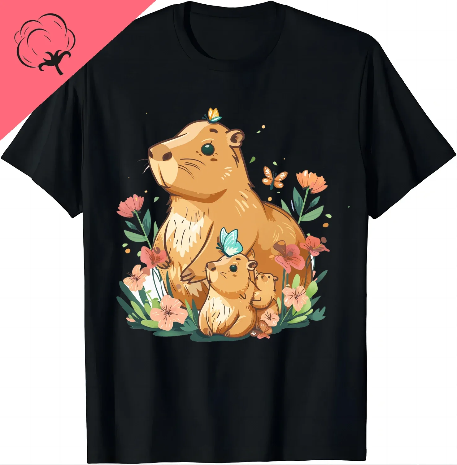 

Cute Capybara Family Graphic Tee Soft Cotton T-Shirt Round Neck Short Sleeve Basic Top for Men