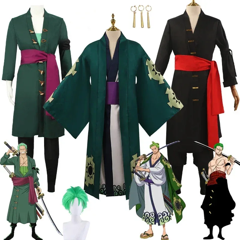 

The whole series Anime Roronoa Zoro Cosplay Costume Uniform Green Coat Belt Pants Head Scarf Roronoa Zoro Wig Earrings Halloween