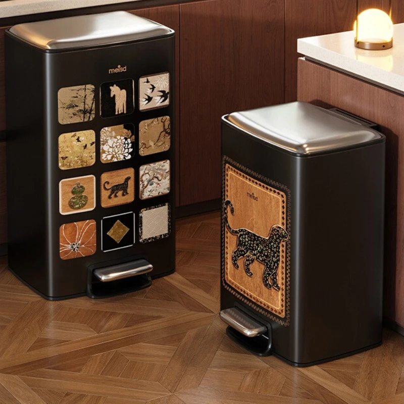 Vintage Leopard Trash Can, Foot-Operated Mosquito-Proof Bin, 12L Large Capacity Stainless Steel Wastebasket for Living Room