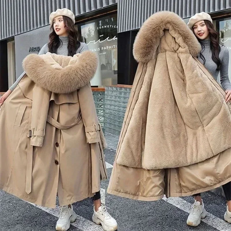 Parka longue à capuche avec doublure en fourrure pour femme, manteau rembourré Smile, veste chaude, vêtements d'extérieur détachables, optique, 5XL, nouveau, hiver, 2023