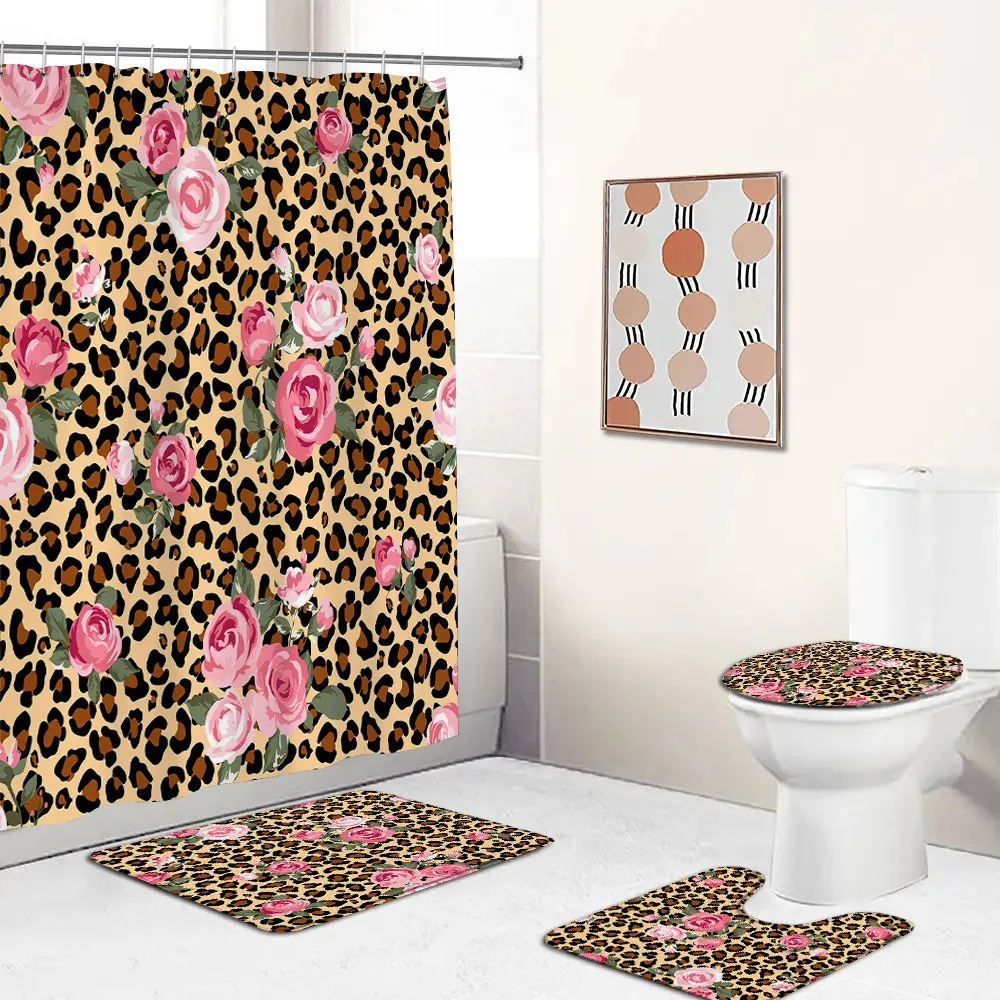 Leopard Pattern Shower Curtain Set Panther Zebra Stripes Pink Rose Fashion Non-slip Bath Mat Modern Home Carpet Toilet Lid Cover