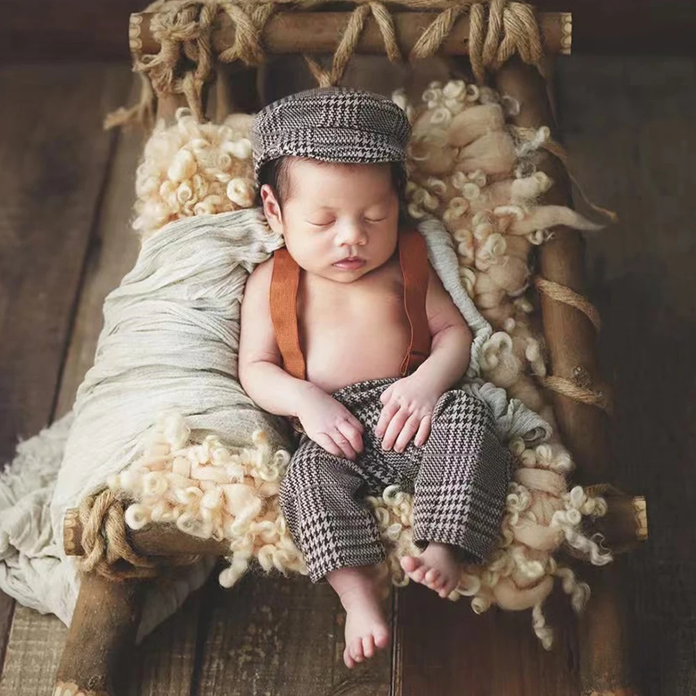 Newborn Flat Cap Sets Boy Overalls For Photo Shoot Bebe Fotografia Outfit Pants Suspender Straps Photo Baby Photography Props