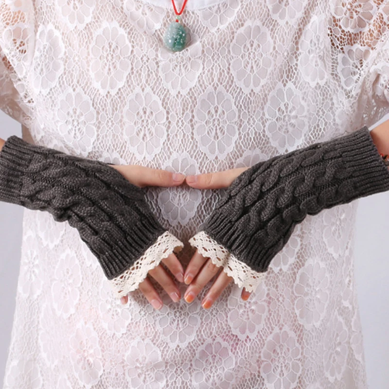 النبيذ الأحمر جديد الخريف الشتاء السيدات الدافئة اليابانية الكورية محبوك نصف اصبع قفازات محبوك قفاز الدانتيل كم واقي المعصم