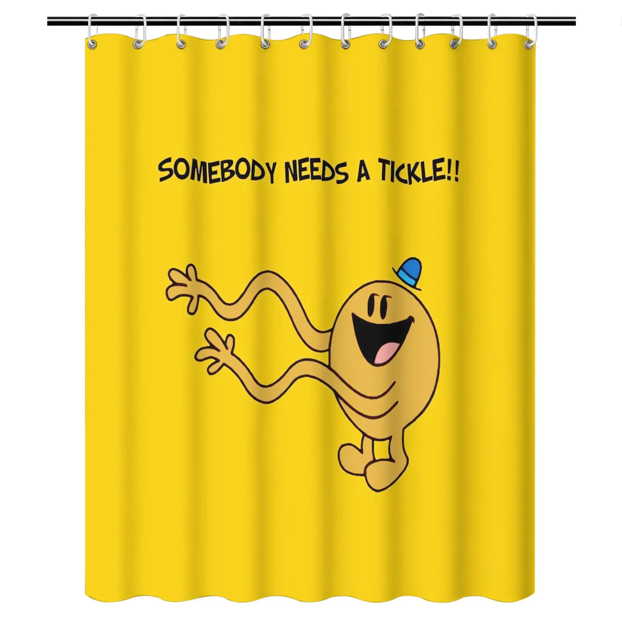 Bright Yellow Shower Curtain with Playful Character – “Somebody Needs a Tickle!” Text, Polyester, 12 Hooks, Wipeable, 72×72