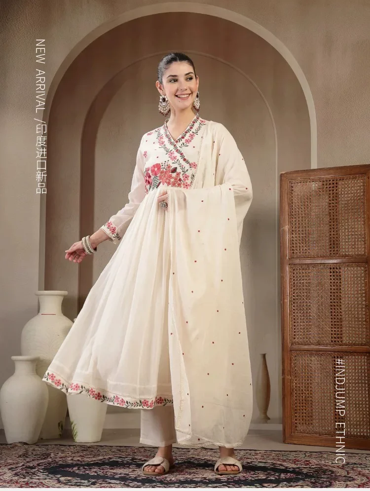 White Cotton Anarkali Kurti Set with Pant Dupatta Floral Embroidered Indian Ethnic Wear Elegant Summer Suit for Women