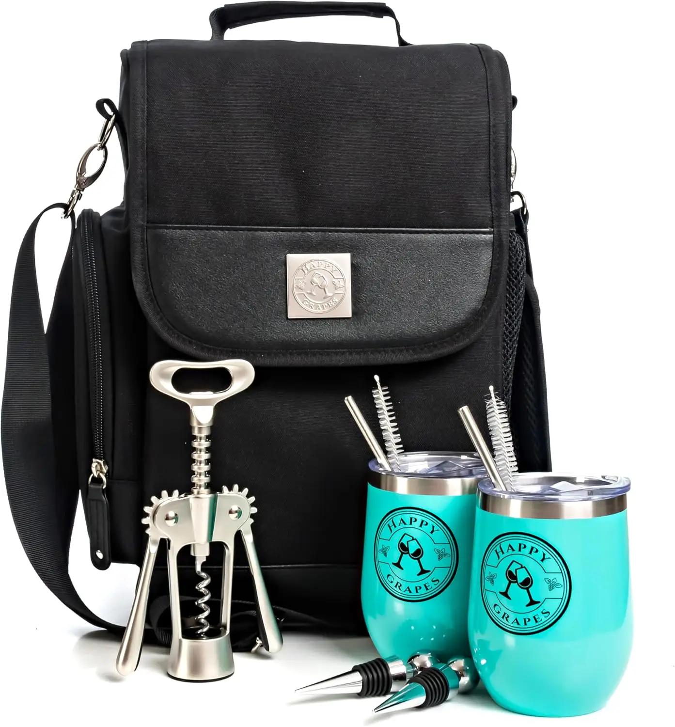 Insulated Wine Tote Bag, Stylish New Tote with Two Tumblers, Bottle Opener and Bottle Toppers, Portable Wine Carrier for Patio, Camping, Picnic, Pool, Travel, Festivals, Showers, Parties and Concerts