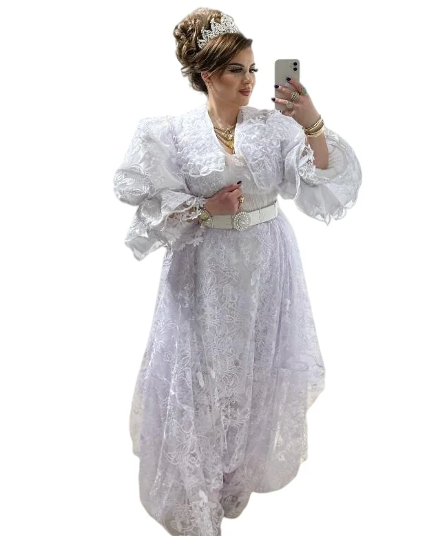 White Arabian Moroccan Evening Dresses Kosovo V Neck Long Sleeve Lace Arabic prom Gowns Elegant Algeria Robe De Mariee