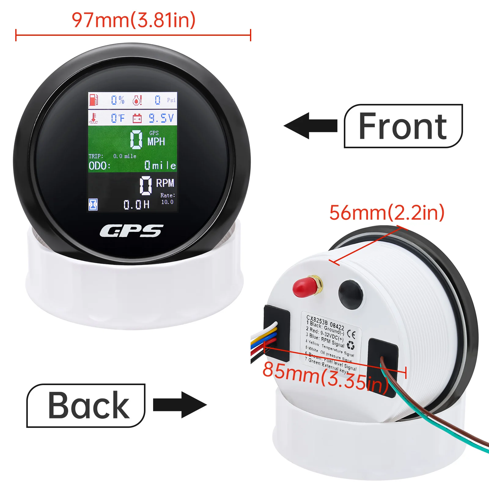 GPS Tacho 85mm 6 in 1 Digital Odometer Speed+Oil Press+Water Temp+Fuel Level+Voltage Meter 240~33ohm Float 1/8NPT Temp Senser