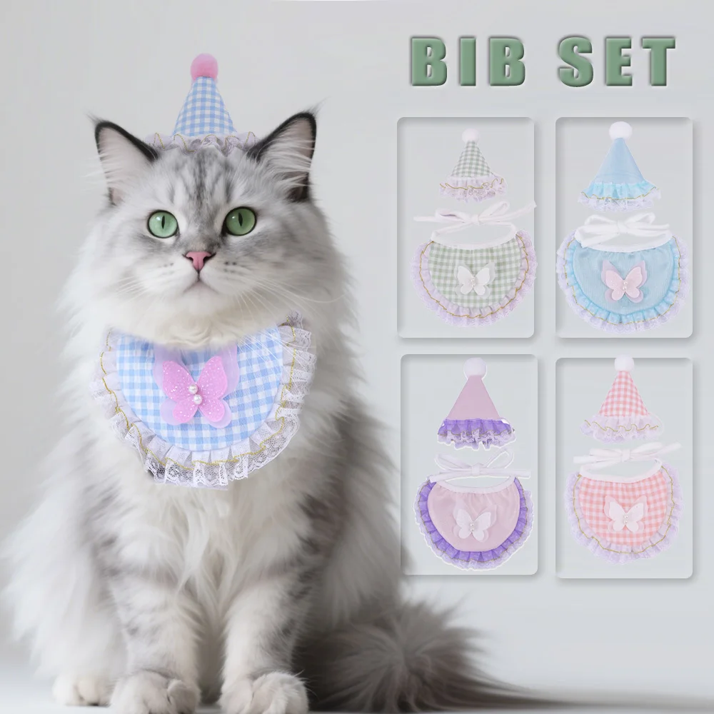 

1 Set Pet Birthday Bib，Fresh Lace Checkered Butterfly Saliva Towel , Cat & Dog Hat Bow Scarf Gift