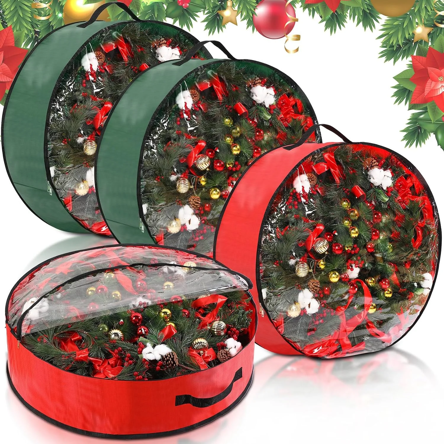 Holiday Wreath Storage Bag With Clear Window Handle Zipper Bag Dustproof Protective Organizer For Christmas Garland Seasonal Decorations