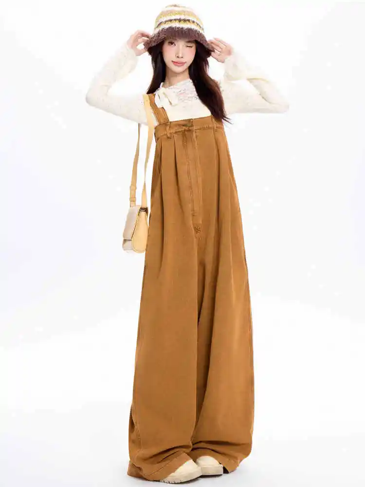 

Японские ретро-комбинезоны из коричневого денима для женщин, весна-лето 2026, нишевый дизайн, свободный крой, визуально стройнящие, широкие брюки