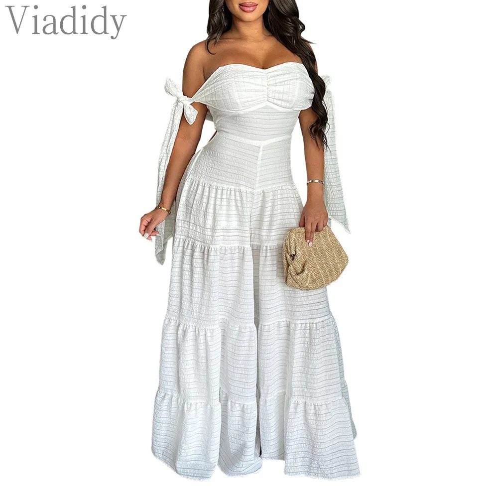 Women Sexy Solid Color Slash Neck Off Shoulder Ruffles Decor Wide Leg Jumpsuits