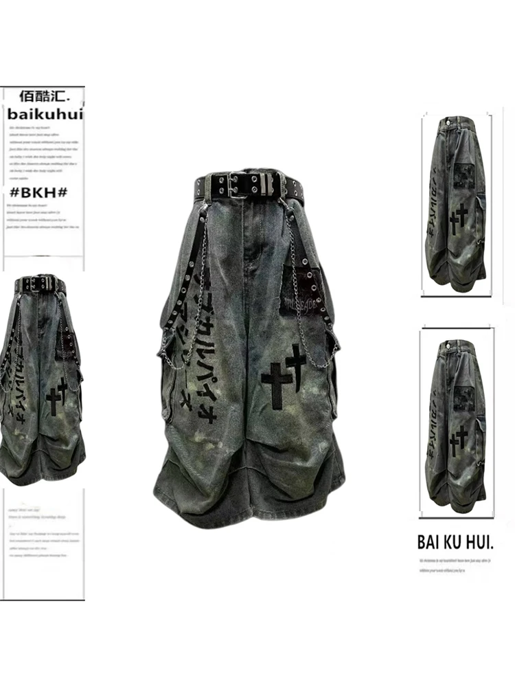2025 Sommer Damen Goblin Core Cross Denim Jorts Shorts Y2k Wadenlange Jeanshose Trashy Y2K Abi Japanischer Cyber Punk Grunge Unis