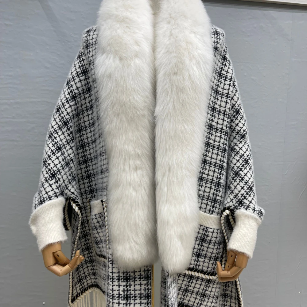 Cappotto con collo in vera pelliccia di volpe giacca invernale donna caldo Poncho lavorato a maglia manica lunga sciarpa con nappe Femme Cardigan Vintage Oversize