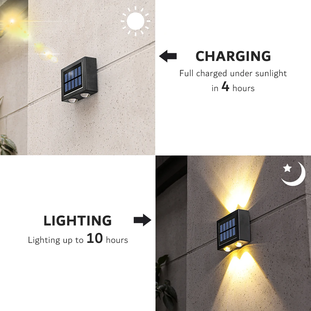 4LED Warm White Solar Lights Outdoor for Garden Up and Down IP65 Waterproof Wall Lamps for Home Yard Decoration (2PCS)