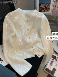 High-End White Sequined Knitted Cardigan Coat Women 2023 Spring and Autumn New Elegant Short Socialite Sweater Jacket Top Female