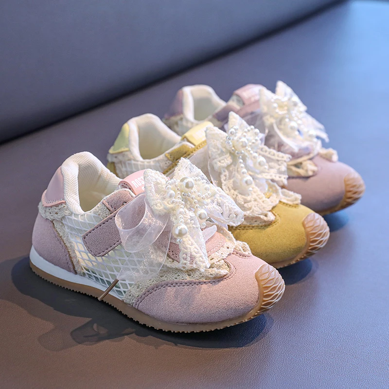 

2025 New Trendy Shoes Children's Sneakers Cheap Girls SPORT Mesh Shoes Baby Girls LACE BOW Non-slip Student Causal Shoes Kids