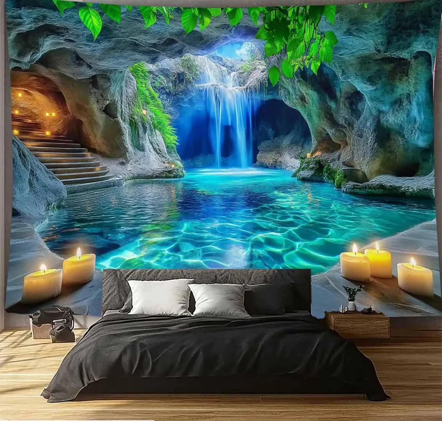 Nature Karst Cave Waterfall Tapestry Sunshine Throught Cave Water Green Leaves Landscape Wall Hanging Backdrop for Home Decor