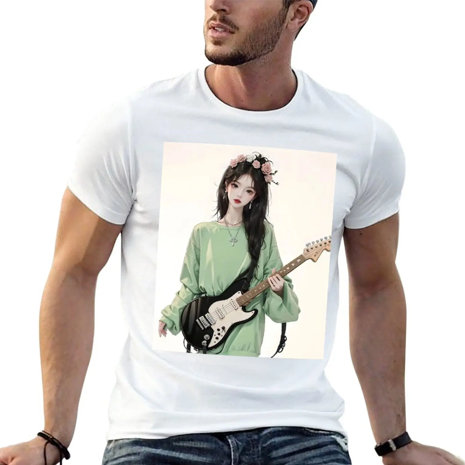 New Cute Girl playing Guitar art T-Shirt plain t-shirt anime man clothes Men's t-shirt