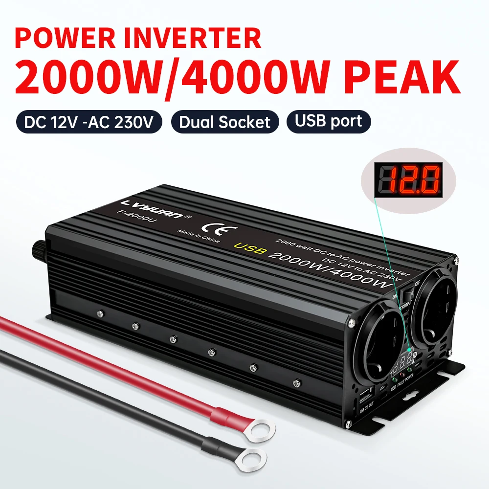 12V To 220V 4000W Power Inverter LCD Display EU Socket Solar Inverter Dual USB Fast Charging for Phone Laptops Car