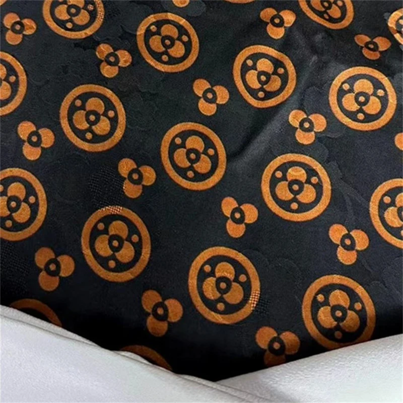 30 Mm Black Bottom Orange Circle Jacquard Fragrant Cloud Yarn 100% Silk Fabric Luxury Dress Brocade Fabric Sewing Material Meter