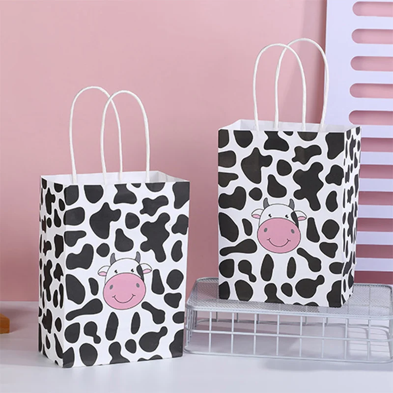 12Pcs Cow Print Party Favors Bags Cute Cow Goodies Paper Gift Bags with Handle Farm Animal Theme Kids Birthday Party Decorations