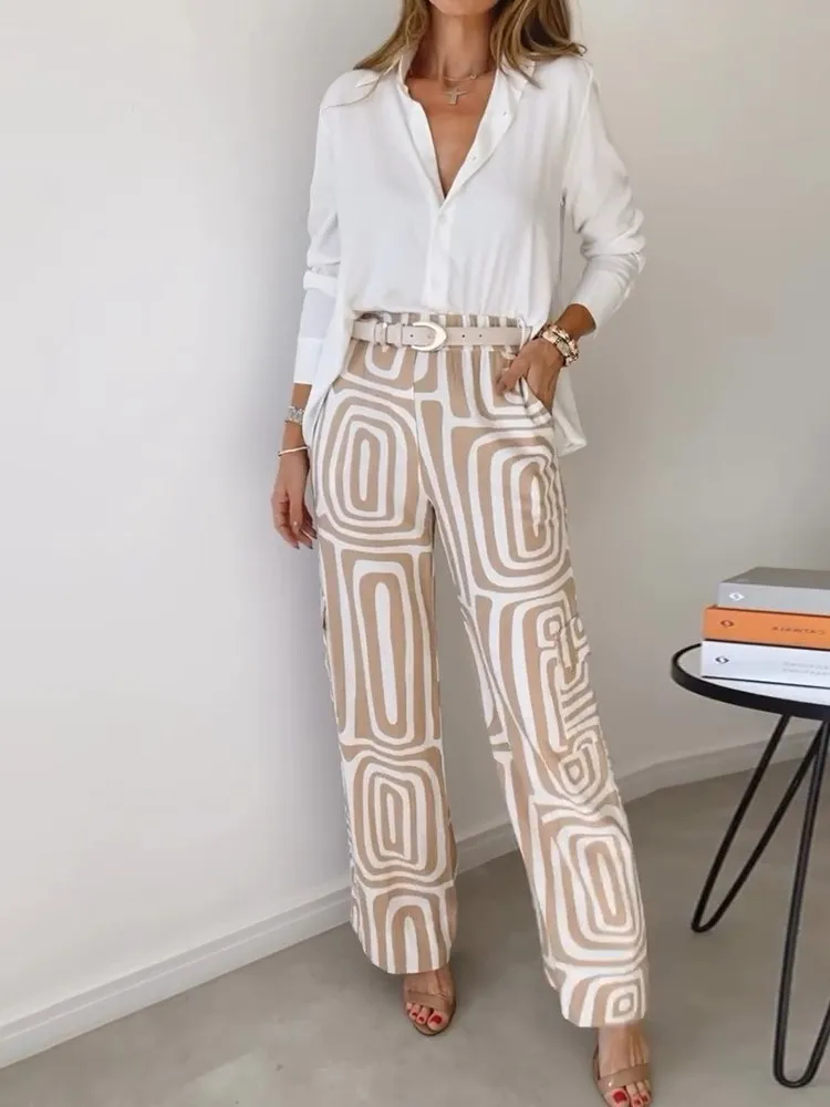 Casual Suit Women\'s Digital Print Fashion White Shirt Loose Belt Trousers Two-piece Set Women Vacation Suits Female Clothing 3XL