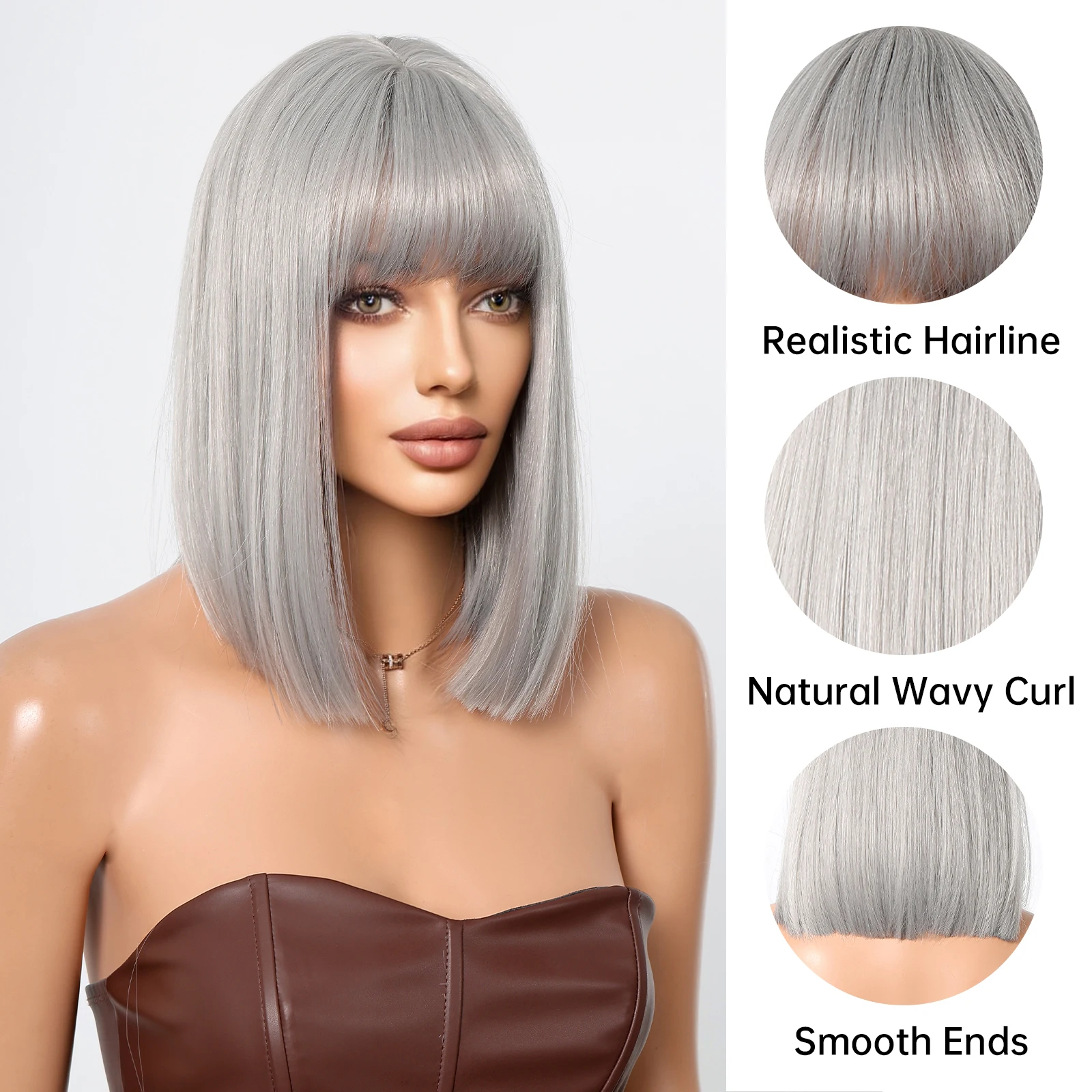 Peluca de pelo sintético con flequillo para mujer blanca, pelo liso Natural, color gris plateado, fibra resistente al calor, para fiesta de Cosplay