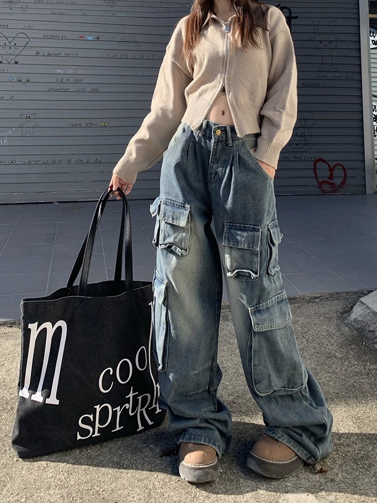 WCFCX STUDIO 2024 New Women Cargo Jeans Fashion Street Style Baggy Cargo Pants American Vintage Multi-pocket Wide Leg Jeans