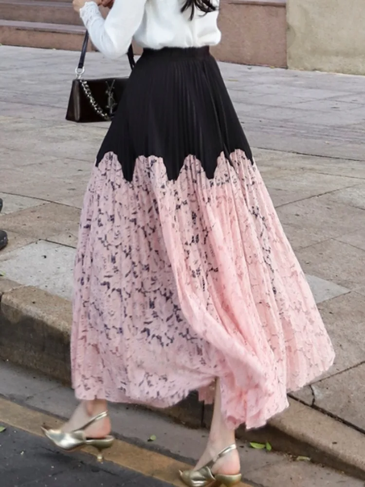 

Gymystars Fashion Women Lace Long Skirts A Line Pleated Skirt New Elegant Elastic Waist Flower Flared Hem Casual Female Bottom