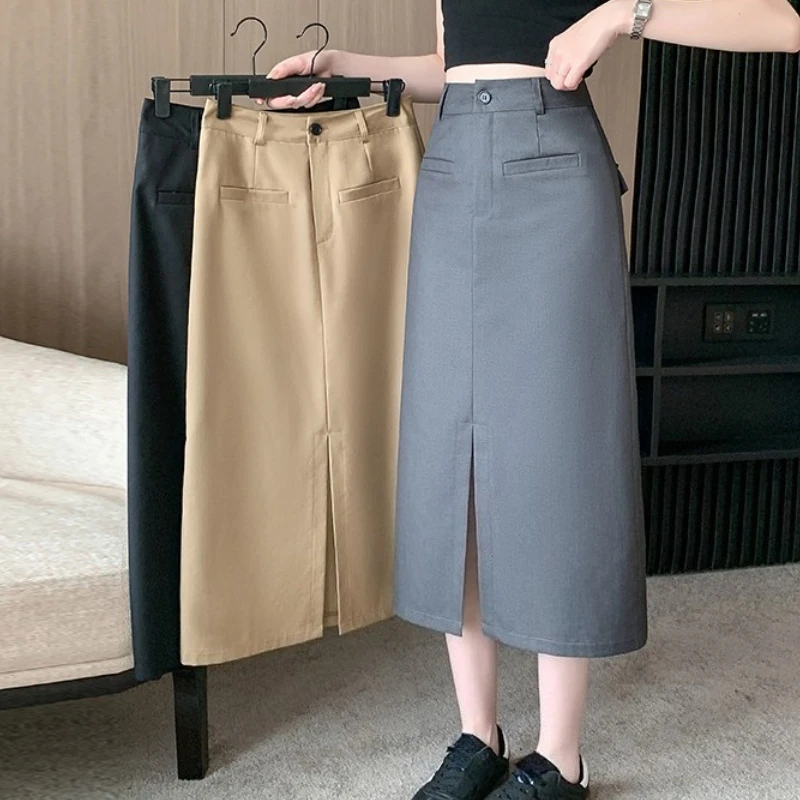 

Autumn High Waist Elegant Front Split Women's Wrap Long Skirts 2025 New Solid Single Button Office Sheath A-line Skirts Female