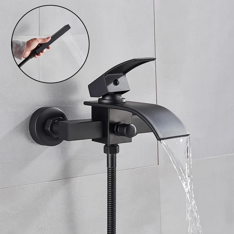 Black Bathroom Tub Faucet Single Handle Waterfall Spout Mixer Tap with Hand Shower Wall Mounted Gold Bath Faucets Bathtub Tap