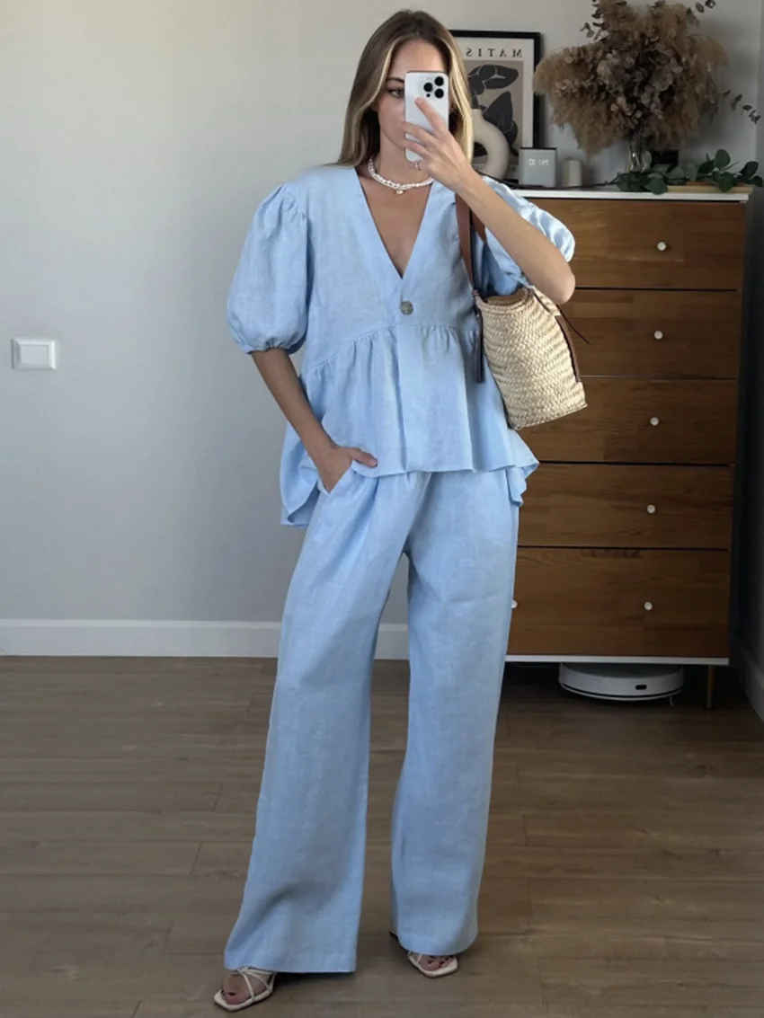 Parc Fee Fashion Loose Blue Cotton 2 Piece Set Woman Outfit 2025 Summer Short Sleeve Shirt With High Waist Wide Pants Set Female