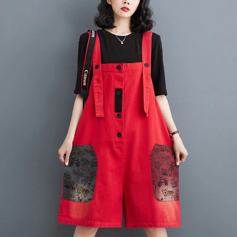 

2026 Summer Women's Jumpsuit Shorts Commuting Oversized Patchwork Printed Denim Overalls